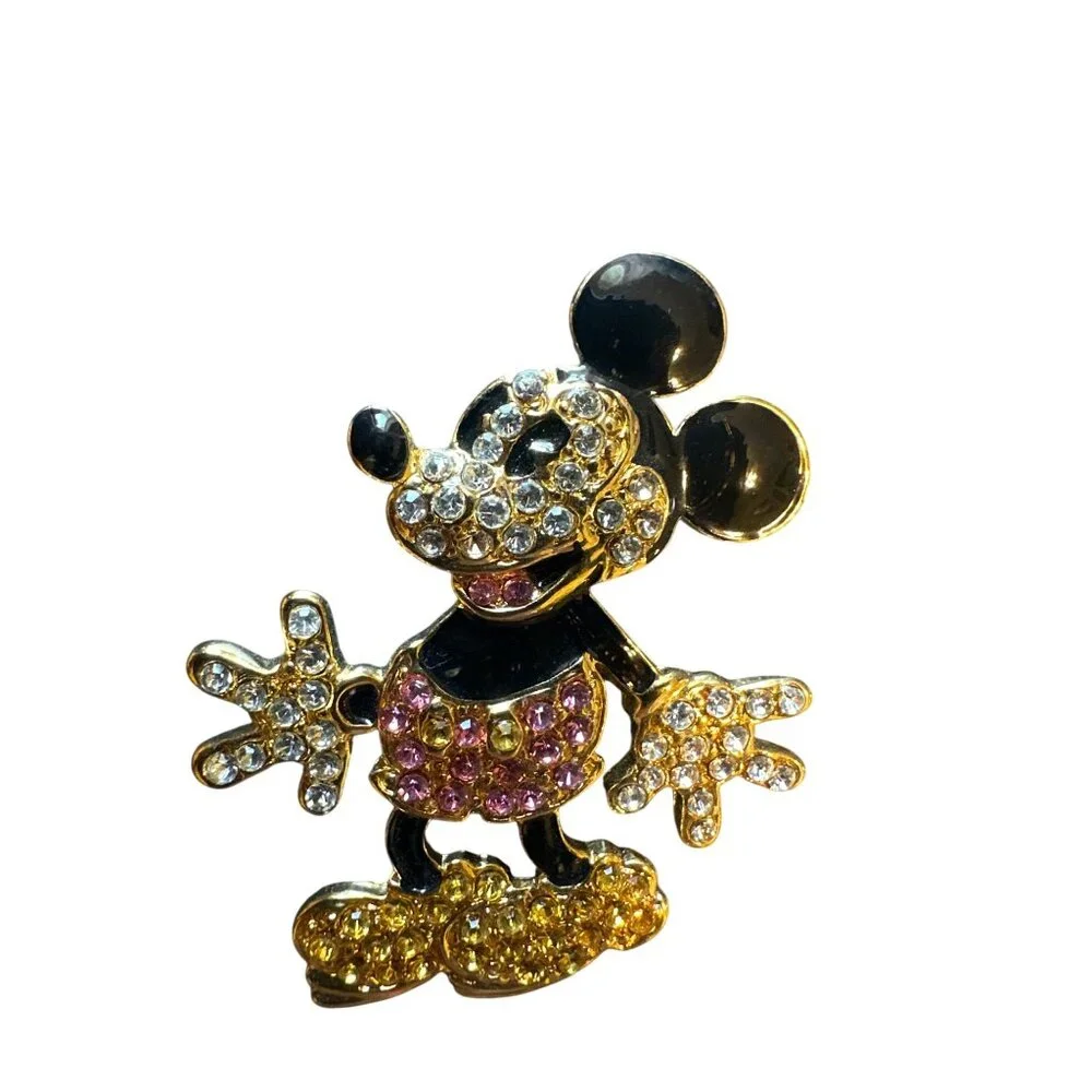 Disney Mickey Mouse Gold-Plated Rhinestone Brooch Pin With Multicolor Crystals - Picture 2 of 3